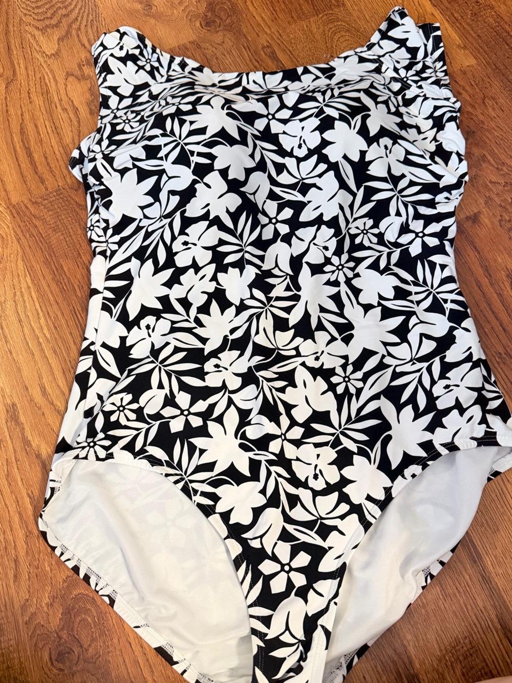 Lands' End Black and White Floral Swim One-Piece